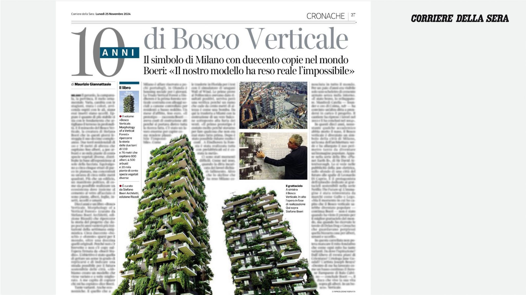 Bosco Verticale 10 anni su Corriere della Sera